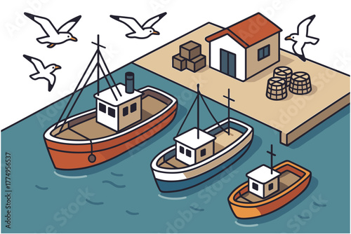 Isometric fishing harbor scene with boats and seagulls