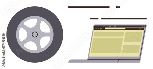 Computer laptop with open web browser and car wheel side by side. Ideal for innovation, technology, automotive, mobility, online services, internet commerce, futuristic design. Simple flat metaphor