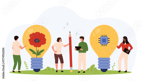 Tiny people standing near giant light bulbs with flower and microchip, symbolizing creativity, innovation, nature, and technology in a modern flat style isolated vector illustration