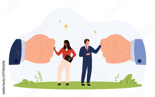 Two business professionals stand between large fists, demonstrating calm communication and nonviolent conflict resolution in a workplace setting, flat isolated vector illustration