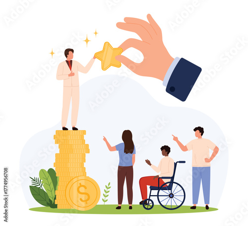 Businessman receives reward standing on coins while diverse group points at inequality, highlighting privilege, discrimination, and social status issues in society isolated vector illustration