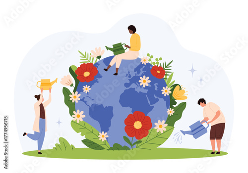 Group of diverse people caring for planet Earth with watering cans, surrounded by blooming flowers and green leaves, promoting environmental protection and sustainability isolated vector illustration