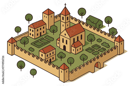 Medieval castle in isometric style with gardens and trees inside fortified walls