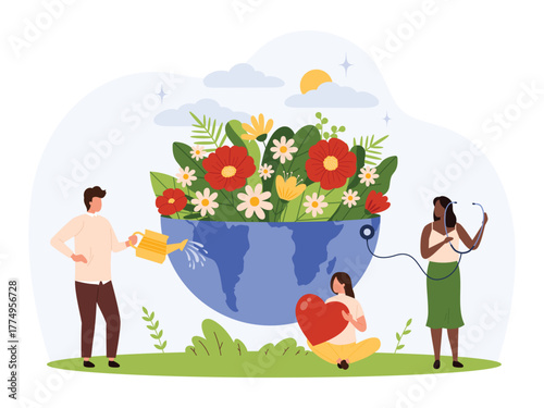 Group of diverse people nurturing a blooming earth with flowers, symbolizing environmental care, sustainability, and global health in a flat style isolated vector illustration