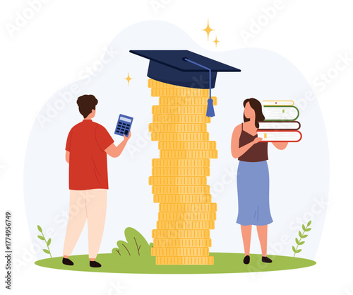 Man with calculator and woman with books stand by a tall stack of coins topped with graduation cap, symbolizing tuition, student loans, and academic expenses isolated vector illustration