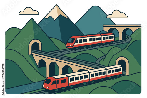 Scenic train journey through mountainous landscape with tunnels and bridges