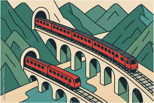 Mountain tunnel railway scene with red trains on bridges in vintage style