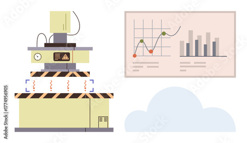 Industrial machine with vibration indicators near data screen showing trends and bar graphs. Ideal for technology, efficiency, automation, analytics, research, productivity, innovation. Simple flat