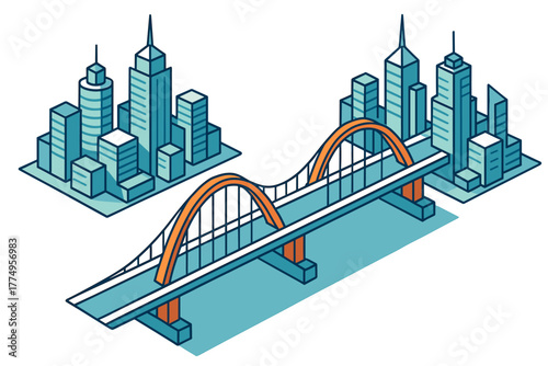 Isometric urban cityscape with modern bridge and high-rise buildings in blue and orange