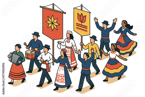 Colorful isometric parade with traditional folk dancers and musicians celebrating culture