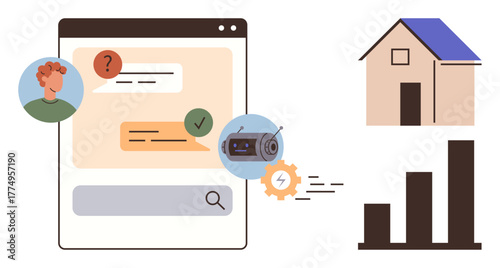 AI-powered chatbot responds to user queries, smart device control with gears, house symbol, and bar graph. Ideal for smart technology, home automation, energy management, IoT, remote assistance AI