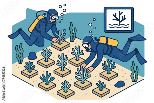 Divers cultivating coral in a modern isometric underwater environment