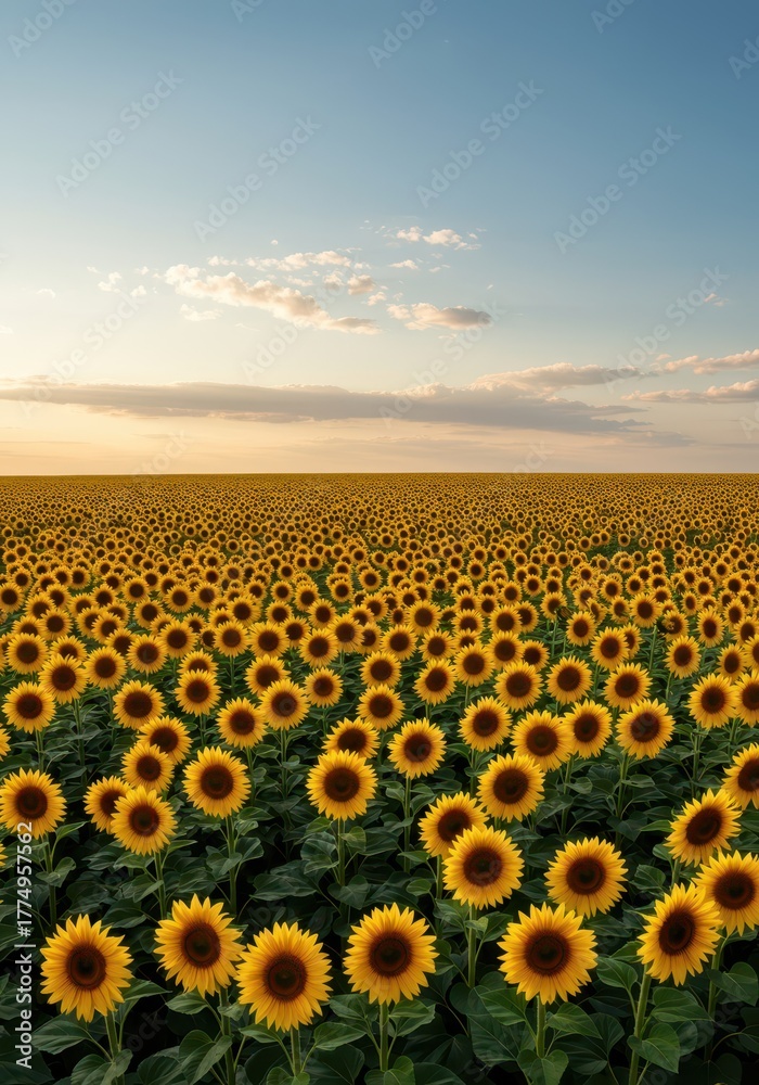 Fototapeta premium Glorious expansive agricultural landscape featuring vibrant yellow sunflower fields stretching to the distant horizon under the warm summer sky, rural scene, development, healthy