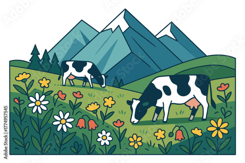 Serene mountain pasture with grazing cows and vibrant wildflowers in a colorful landscape