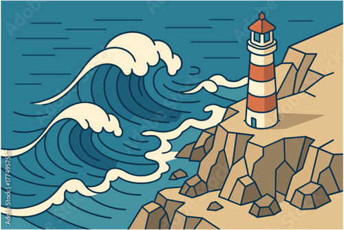 Coastal lighthouse with waves and rocky cliff in retro style