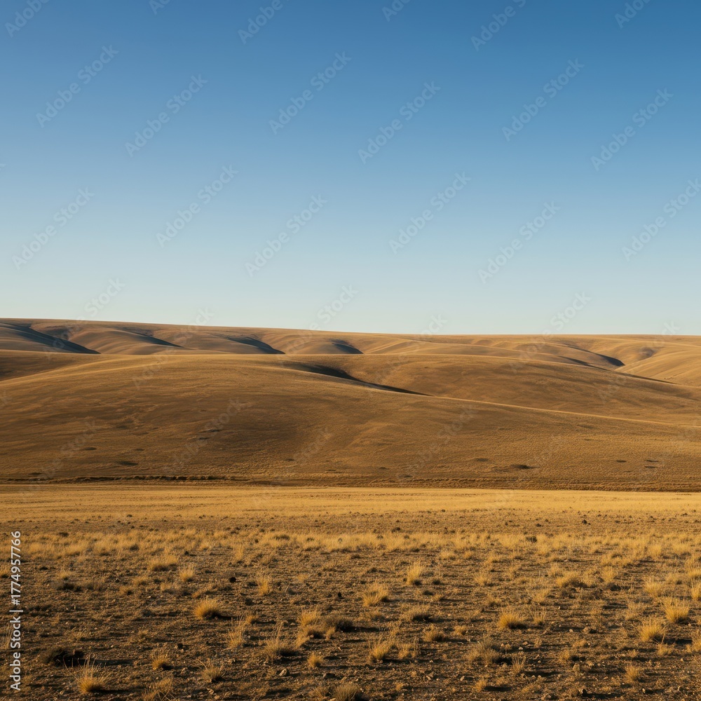 Naklejka premium Vast, empty stretch of rolling hills meeting a clear horizon line under a calm, expansive sky. Simple and fundamental natural view, clear, background, field