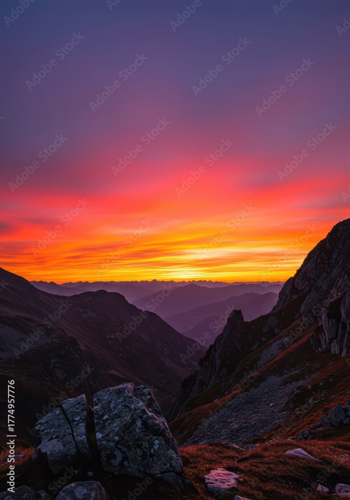 Fototapeta premium Vibrant orange and pink sunset over jagged mountain peaks and vast rugged landscape, quiet evening light illuminates the wilderness scene ,alpine ,mountains ,remote