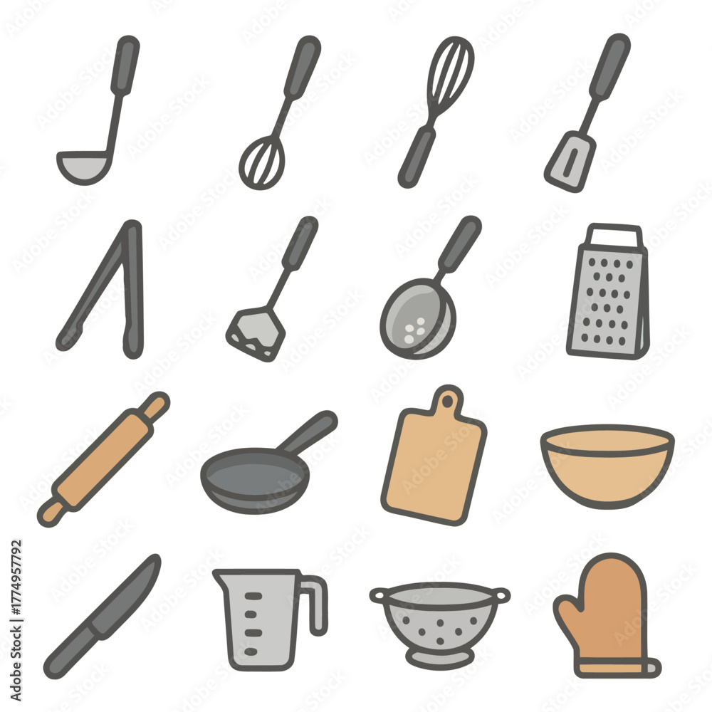 Obraz premium Kitchen Utensil Essentials: A collection of various cooking utensils are arranged, essential for culinary creativity. It's a visually appealing ensemble of kitchen tools.