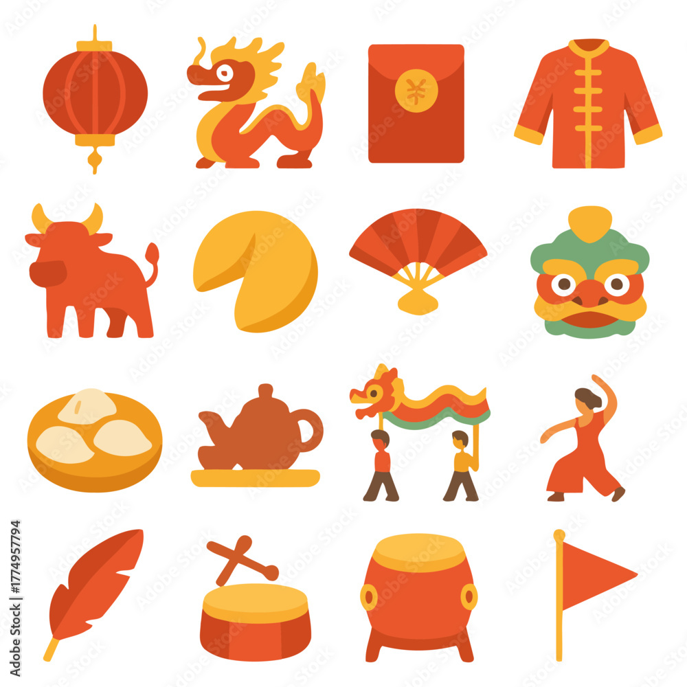 Fototapeta premium Celebration of Chinese Culture: An array of symbolic icons, showcasing the rich heritage of Chinese culture in vivid detail, from lantern to dragon.