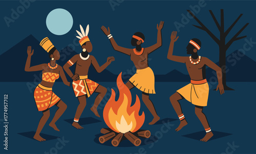 Vibrant nighttime celebration with african traditional dance around a campfire