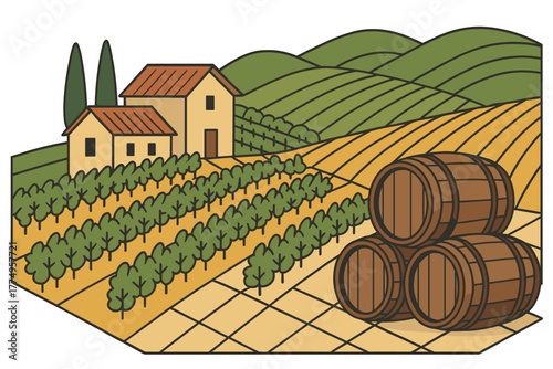 Rustic vineyard landscape with barrels and farmhouses in flat design style
