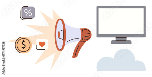 Megaphone emitting icons of percentage, currency, and heart next to a computer screen and cloud. Ideal for advertising, digital marketing, engagement, online business, promotion, analytics campaign
