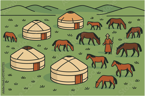 Traditional nomadic scene with yurts and horses in pastoral landscape