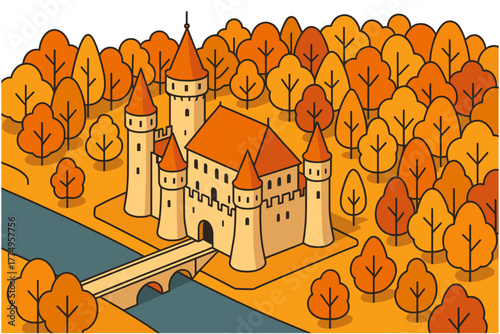 Medieval castle surrounded by autumn forest with river in flat style