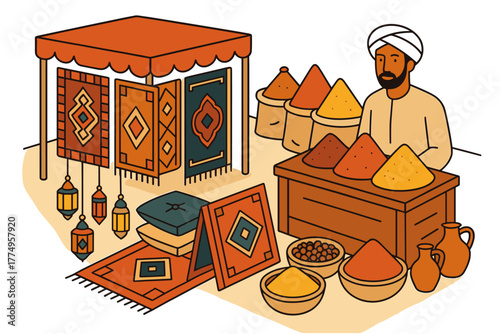 Traditional market with spices and rugs displayed in vibrant colors