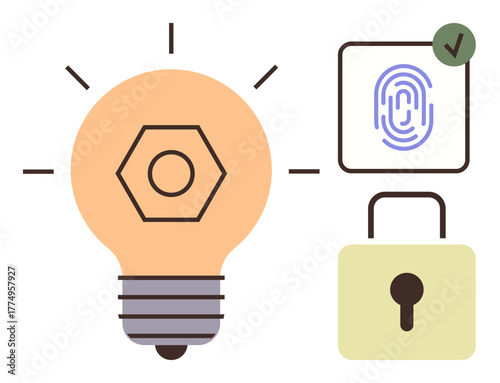 Light bulb with radiating rays, fingerprint in digital frame, and padlock icon. Ideal for innovation, security, identity protection, technology, creativity, privacy authentication simple flat