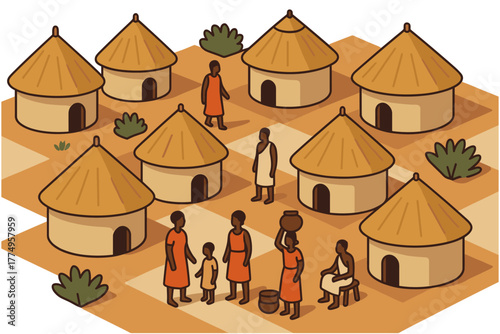 Traditional african village scene with round huts and people in isometric style