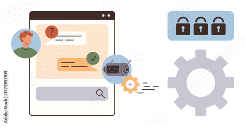 Chat window with user avatar, query, automated response, gear, locks, and chatbot icon. Ideal for cybersecurity, AI, tech support automation online security troubleshooting and digital