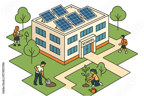 Eco-friendly school with solar panels and students engaging in outdoor activities