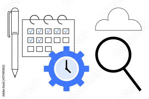 Pen, calendar with checkboxes, gear with clock, magnifying glass, and cloud. Ideal for productivity, planning, scheduling search time management cloud services simplicity. Simple flat metaphor