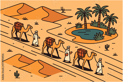 Isometric desert caravan journey through oasis landscape