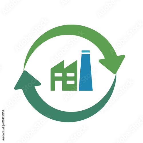 Modern Style Factory Recycling Symbol with Arrow Circle Indicating Circular Economy	
