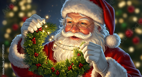 Santa Claus stringing twinkling lights on holly wreath – cheerful holiday craft illustration with bright copy space