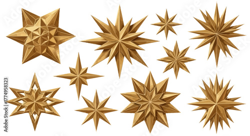 Collection of Golden Starbursts and Decorative Star Shapes for Celebrations and Embellishments
