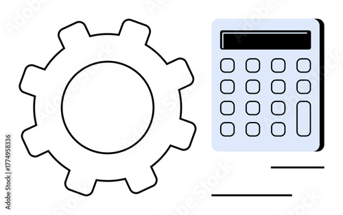 Gear beside a calculator representing the connection between engineering, automation, and financial management. Ideal for education, finance, planning, budgeting, productivity, problem-solving