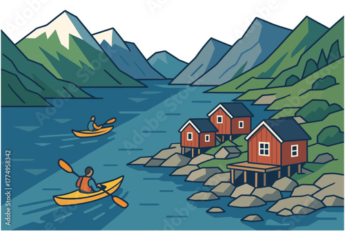 Kayakers explore scenic mountain fjord with rustic cabins and serene water