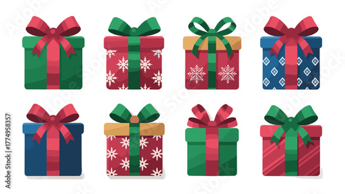 Eight vibrant, wrapped presents in a festive holiday arrangement.