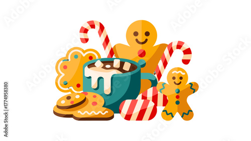 Festive arrangement of gingerbread cookies, candy canes and a cup of hot chocolate.