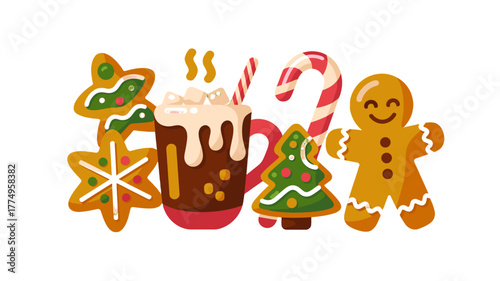 Festive holiday treats, including gingerbread man, Christmas tree and candy cane.