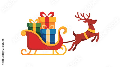 An illustration of a reindeer pulling a sleigh filled with presents.