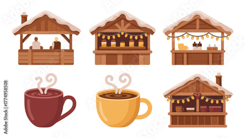 Winter market stalls with warm cups of hot drinks, create a cozy and inviting scene.