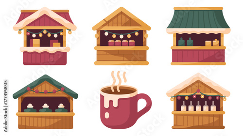  Festive market stalls with a cup of warm beverage.