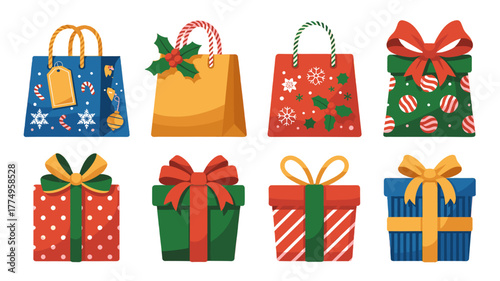 Festive assortment of gift bags and boxes, ready for the holidays.
