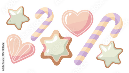 Set of sweet candy cookies shaped into stars, heart and stick.