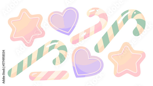 An array of various Christmas-themed sweets, including star, heart, and candy canes.