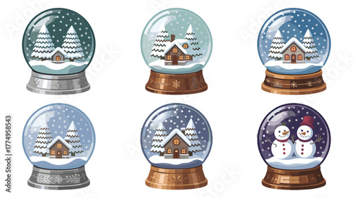 Six beautiful snow globes, each with a unique wintry scene.